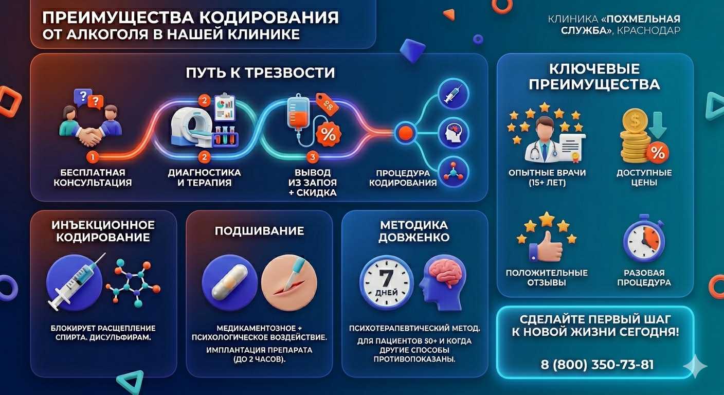 Инфографика о методах кодирования от алкоголя в Невинномысске: инъекции, подшивание, метод Довженко. Преимущества клиники и этапы лечения.