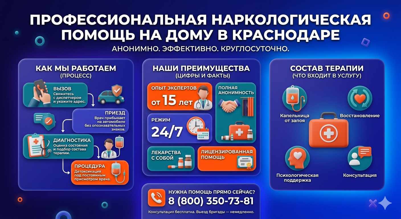 Инфографика о принципах лечения алкоголизма на дому в Невинномысске: этапы вызова нарколога, преимущества анонимной детоксикации и состав медицинской помощи.